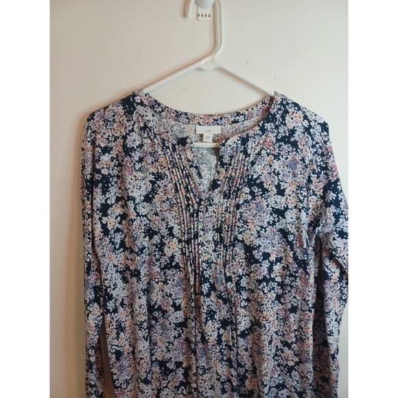 J. Jill V Neck Popover Knit Tunic Top S Navy Blue Pink Floral Longsleeve Casual - Picture 2 of 8
